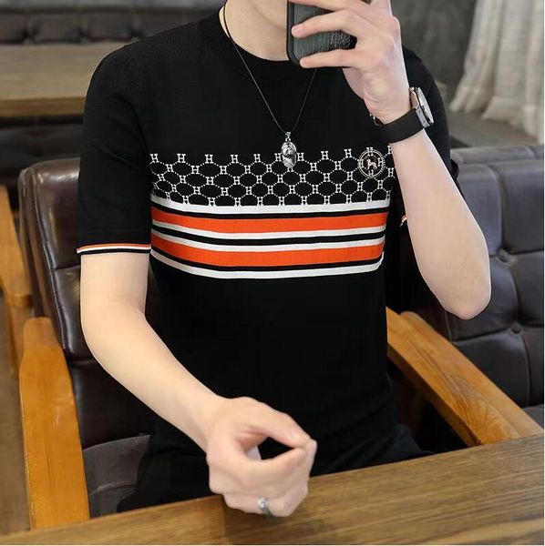 

men's t shirts t-shirts luxury knitted stripe fabric short sleeve mens t-shirt plus size 3xl 4xl round collar slim man tee, White;black