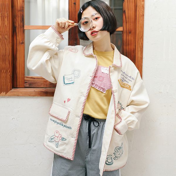 

women's jackets bebobsons spring women cotton jacket basic coats casual thin outerwear pattern embroidery beige loose cartoon original, Black;brown