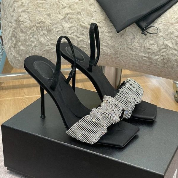 

2023 fashion heeled sandal women dress shoes sunflower crystal buckle decoration heels genuine leather sole cool shoe 9.5cm heel big size wo, Black