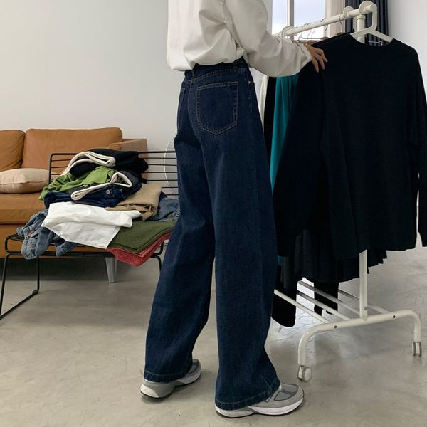 

women's jeans retro dark blue female harajuku high waist everything up straight leg pants korean show thin trouser 230323