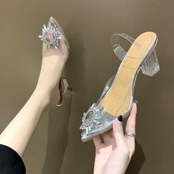 

sandals women transparent pvc crystal sandals pointed toe jelly shoes bling diamond buckle square heel lady wedding shoes party shoes g23032, Black