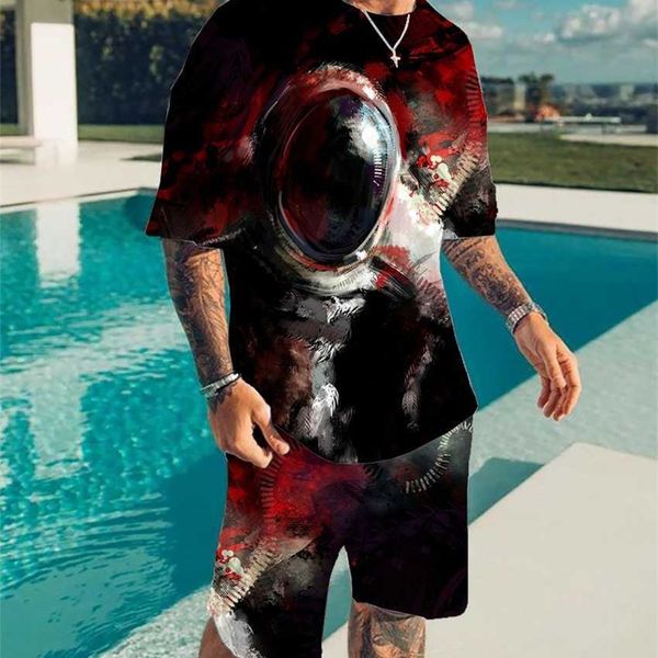 

2023 new cute astronaut 3d digital color print summer beach pants children's set, White;black