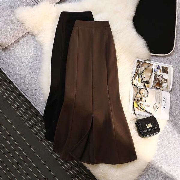

skirts fishtail skirt tweed fishtail split hip bag autumn winter high waist slim midlength black 230323
