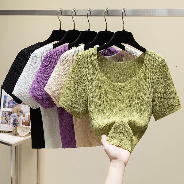 

women's knits tees square collar knitted casual short sleeve thin sweater cardigan summer tee shirts crop for girls 230323, White