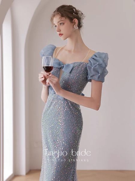

haze blue prom dresses elegant mermaid puff sleeves with bow square collar sequined beading backless formal party evening gowns 2023, Black
