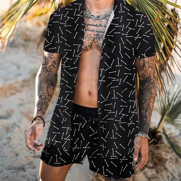 

2023 new men's hawaii beach set printed shorts short sleeve shirts, White;black