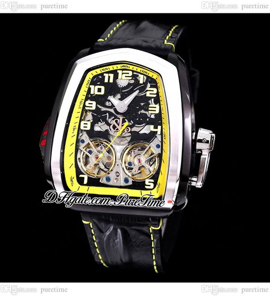 

twin turbo jcfm05 double tourbillon automatic mens watch two tone pvd steel case skeleton dial black leather strap yellow line super sports, Slivery;brown