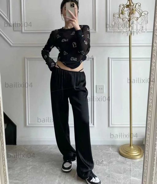 

women's pants capris early spring 2023 new aw silk rhinestone metal buckle low waist straight leg t230323, Black;white