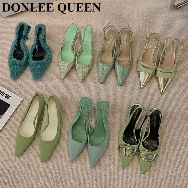 

2023 spring new brand pointed toe slingback shoes thin heels shallow slip on ladies elegant sandals green pumps for dress shoes 230223, Black