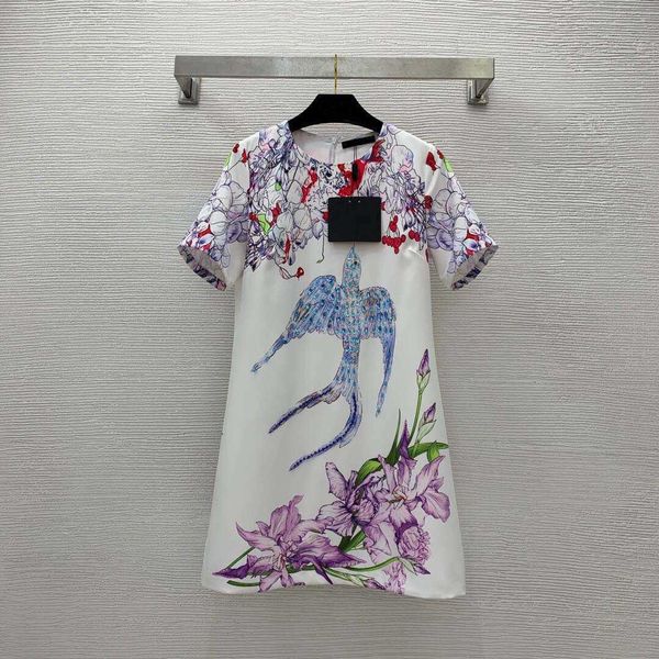

fashion designer shirt dress long 2023 handmade drill beads swallow flower print a-line version round neck short sleeve one piece dress shir, Black;gray