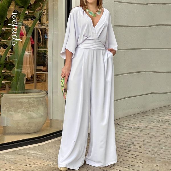 

women's jumpsuits rompers wefads women jumpsuit summer short bat sleeve v neck backless nipped waist loose wide legs casual pants rompe, Black;white