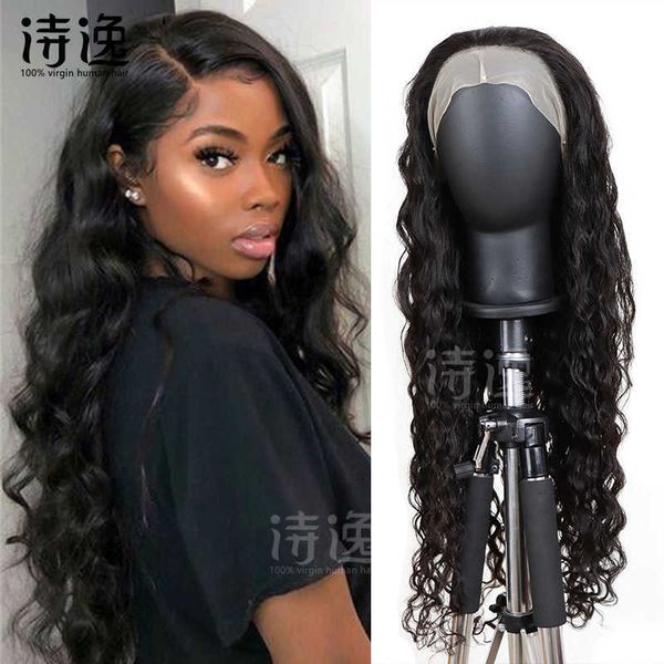 

front lace fake head cover 13 * 4 loose wave lace hair cover natural color long curly human hair cover 230323, Black