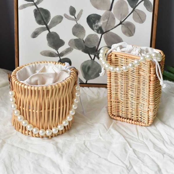 

beach pearl handle weave wicker woman rattan vintage shoulder bag ml581 ladies retro
