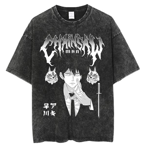 

womens tshirt harajuku chainsaw man shirt men hip hop vintage washed oversized anime shirts for women streetwear ees 100% cotton shirt 23032, White
