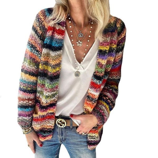 

women's knits tee's 2023 chic streetwear korean vneck long sleeve casual patchwork contrasting colors striped knitted printed card, White