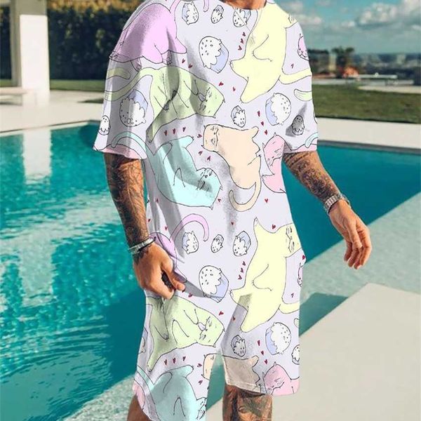 

summer new 3d animal digital print short sleeve beach pants set, White;black