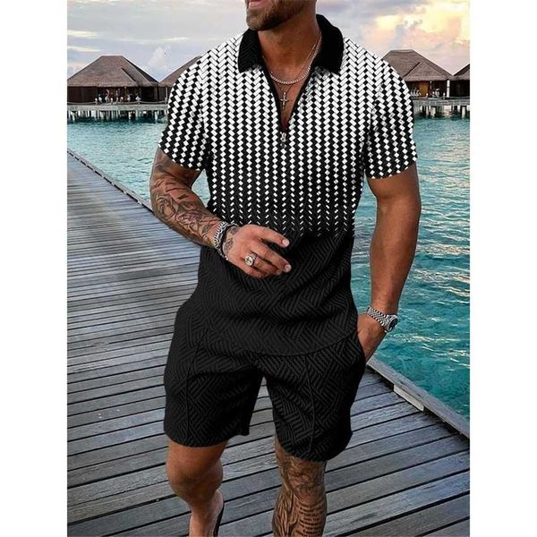 

2023 summer beach short sleeve shorts two piece sports casual men's set, Black