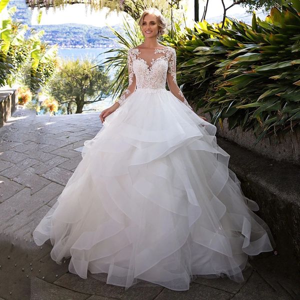 

new ball gown wedding dress 2023 vestido de noiva boat neck long sleeves lace appliques ruffles backless tulle bridal gowns robe de marriage, White