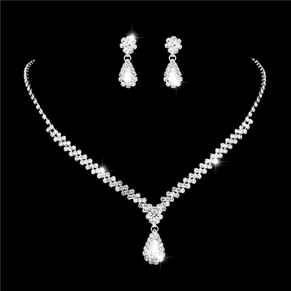 

factory price necklace earring suit inlaid zircon rhinestone pearl twinkle bridal decorate adjeustable length necklace waterproof wedding pa, Silver