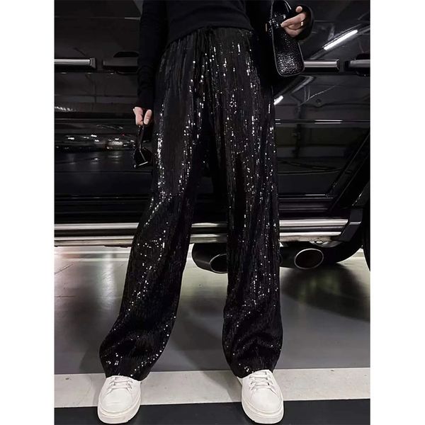 

women's pants high waist wide leg palazzo lounge female elastic bling sequin bottoms bar dancing trousers 230323, Black;white