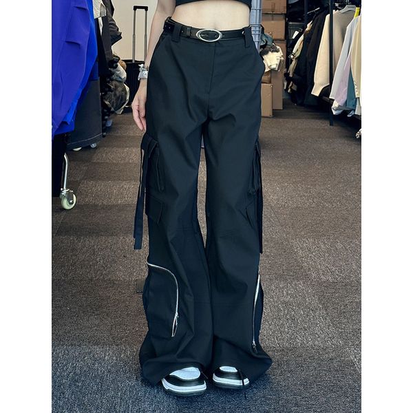 

women's pants s vintage multipocket black women cargo american style high waist fashion female casual wide leg trousers y2k clothing 20, Black;white