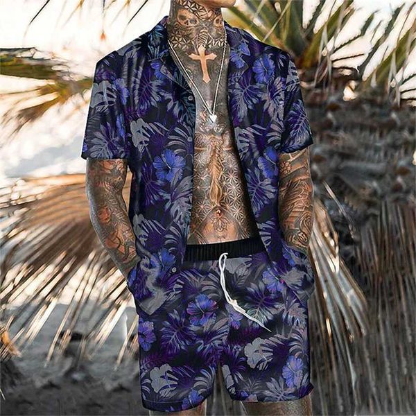 

19 summer men's beach suit four side elastic leaf print short sleeve surf pants casual loose, Black