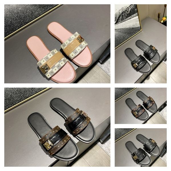 

l and v flat slippers metal buckle flats mules monograms letter old flower flip flops beach summer shoes women slipper 2023 plaid sandals si, Black