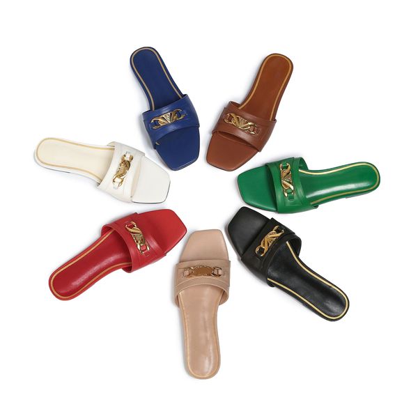 

womens slippers leather rubber metallic letters ladies summer shoes flats fashion luxury designer slides pantoufle mules sliders size 35-41, Black