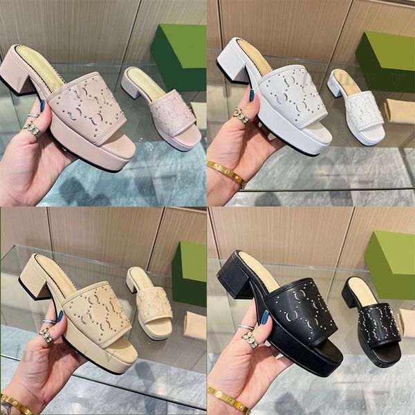 

designer slippers women platform stud slippers interlocking embossed mules mini double g waterproof shoes ankle strap chunky high heels, Black