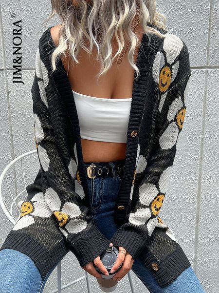 

women's knits tees jim nora autumn women long sleeve daisy flower print cardigan fashion black knit cardigans holiday outwear warm casu, White