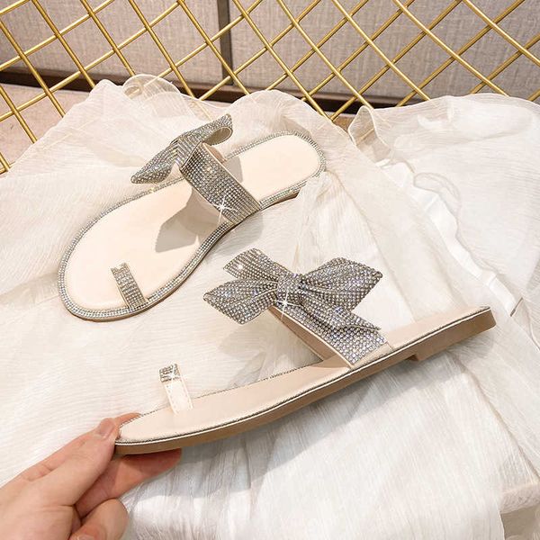 

slippers glitter crystal bowknot flip flops women clip toe single band beach slides female bling flat bow slippers outdoor mules g230322, Black