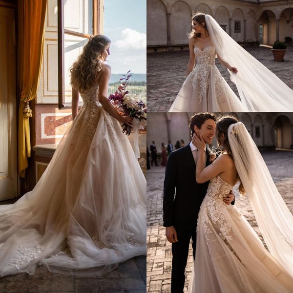 

summer bohemian wedding dresses backless sweetheart appliques lace tulle long bridal gowns beach garden boho robes bc15495, White