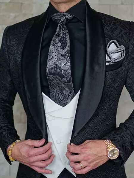 

men's suits blazers custom made satin jacquard wedding groom slim fit men with shawl lapel 3 pieces blazer vest pants costume homme 230, White;black