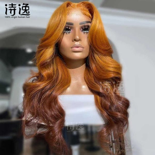 

orange brown ombre colored body wave 13*4 human hair wigs 230323, Black
