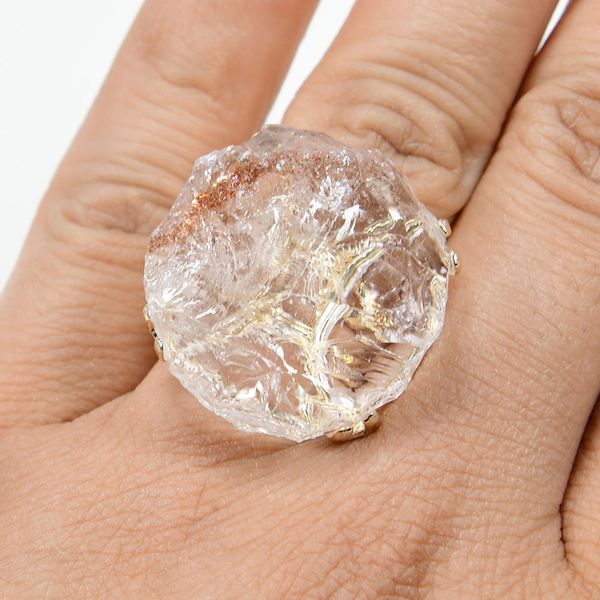 

natural gems stone solitaire ring white clear quartz rough raw yellow gold plated adjustable gems ring women jewelry, Golden;silver