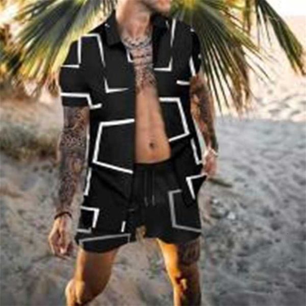 

2023 summer casual loose print two piece shirt beach set men, Black