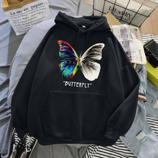 

womens hoodies sweatshirts oversize women streetwear harajuku color butterfly sweatshirt clothes short sleeve cotton loose hip hop plus size, Black