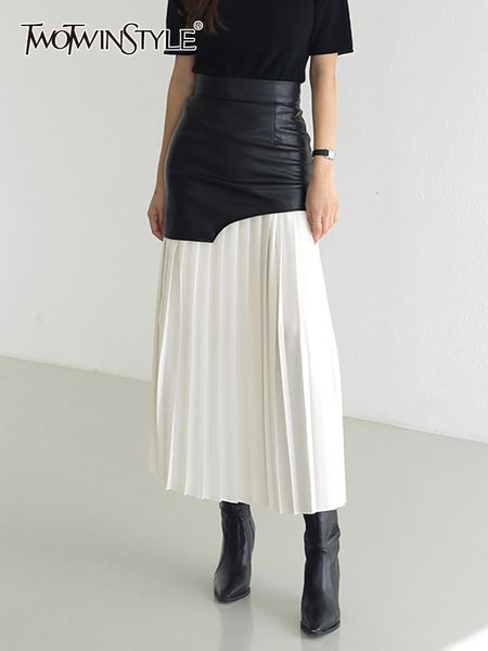 

skirts twotyle casual patchwork pu skirt for women high waist midi folds pleated female spring fashion clothing style 230323, Black
