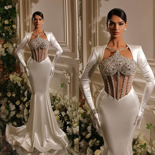 

mermaid satin wedding dresses crystals bridal gown custom made beaded long sleeves see through wedding gowns, White