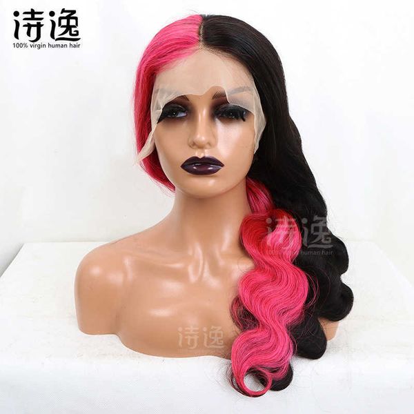 

half pink half black body wave 13x4 lace frontal wigs 230323