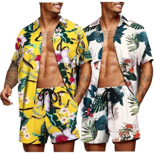 

summer new men's hawaiian blouse shirt coat beach suit shorts 2pk set, Black