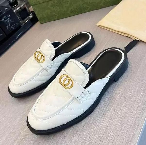 

dress shoes designer shoes leather metal buckle women shoe flat boat shoes lady wool slipper mules princetown trample lazy loafers slippers, Black