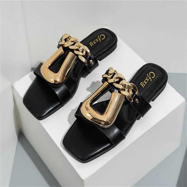

slippers fashion women slippers metal buckle retro flat bottomed female sandals summer 2022 classic comfort beach outdoor ladies shoes g2303, Black
