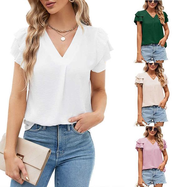 

2023 summer new solid v-neck ruffle sleeve women's short sleeve shirt, White