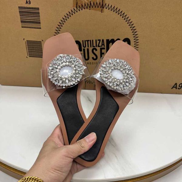 

slippers women's slippers flat bottom outside shoes female large crystal buckle design transparent slides summer 2023 ladies flip flops, Black