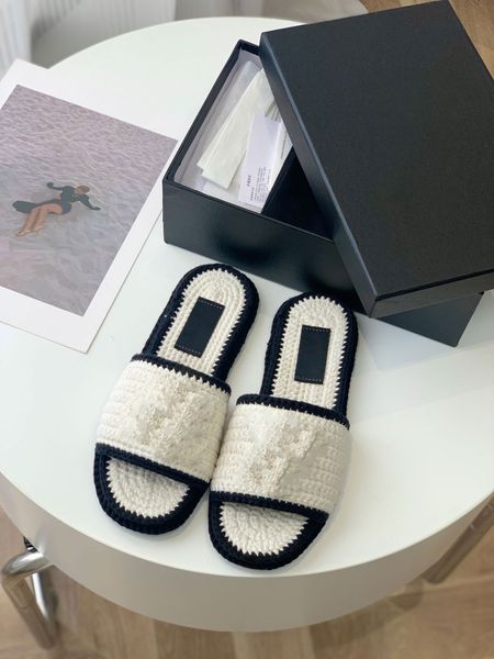 

designer women's slippers women's wool knitted slippers straw real leather sole slippers knitted flat sandals breathable beach sli, Black