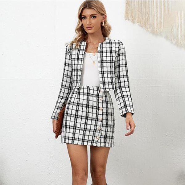 

two piece dress fashion women work skirt suits autumn winter casual long sleeve jackets high waist mini button bud elegant crop coats 230323, White