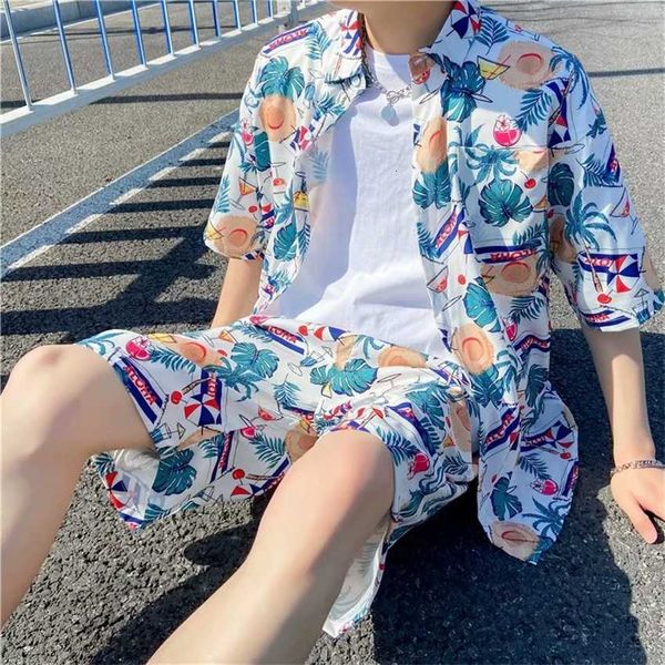 

2023 hawaii beach blouse shirt short sleeve couple loose shorts set two piece men's, White;black