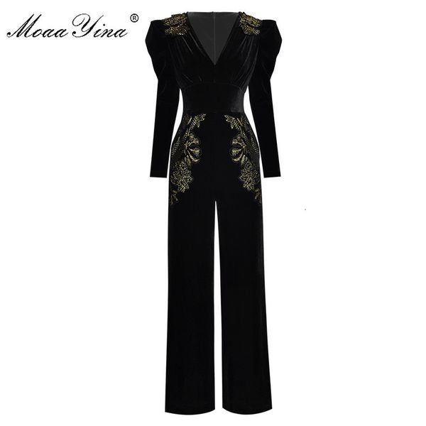 

women's jumpsuits rompers moaayina spring summer designer jumpsuits women's v-neck long sleeve gold line embroidery velvet jumpsui, Black;white