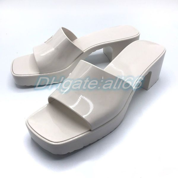 

luxury sandal designer woman shoe rubber shiny bright surface man slide embossed mid-heel summer outdoor beach medium heel slippers, Black